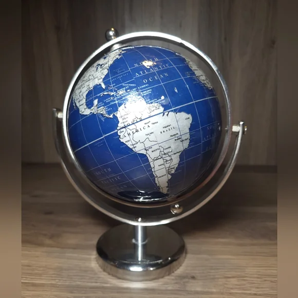 Small Rotating Globe Metal Sphere World Globe Blue Geography Desk Office Decor - Picture 2 of 9
